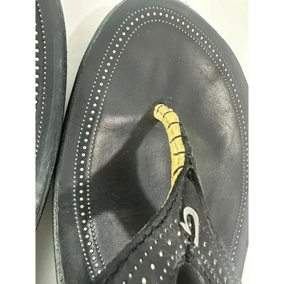 Olukai Ola Full Grain Leather Flip Flops Black Slides Women's Size 10 Sandals - Picture 5 of 14